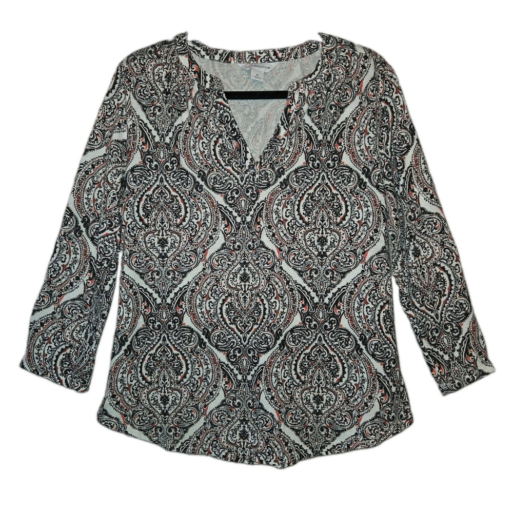 Liz Claiborne Split Neckline Blouse Women's Medium 3/4 Sleeve Top Classic Knit